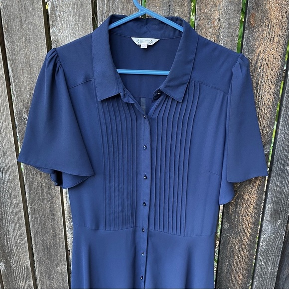 Nanette Lepore Navy Blue Pintuck Pleat Flutter Sleeve Button Down Dress Sz 12 - Picture 5 of 14